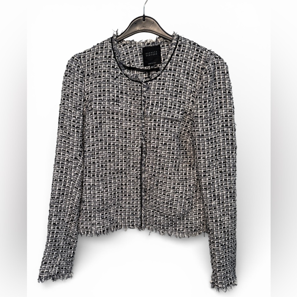 Barneys New York Tweed Fringe Hem Crop Jacket Blazer Size 40 XS / S